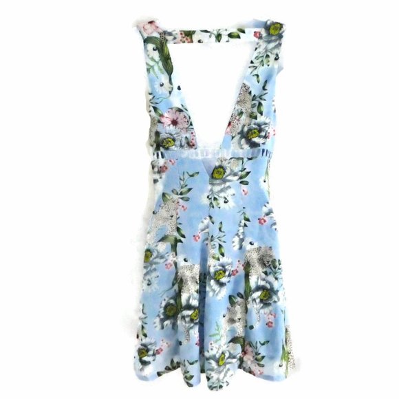 H M Dress Fit Flare V Cheetah Floral Blue Mini S - Picture 2 of 10